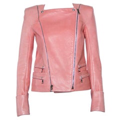 Balmain Pink Leather Zip Front Biker Jacket M