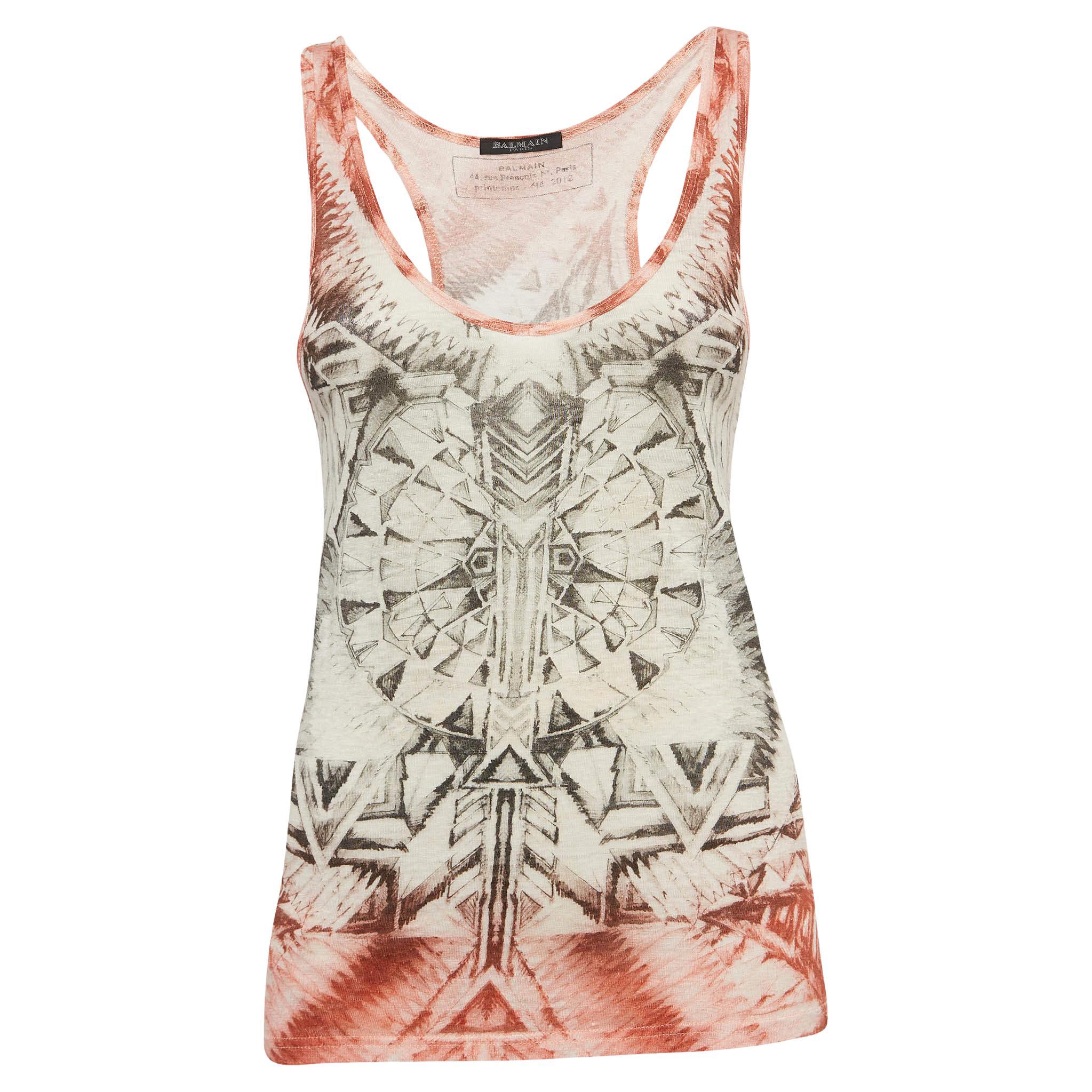 Canotta in maglia di lino stampata rosa Balmain S in vendita