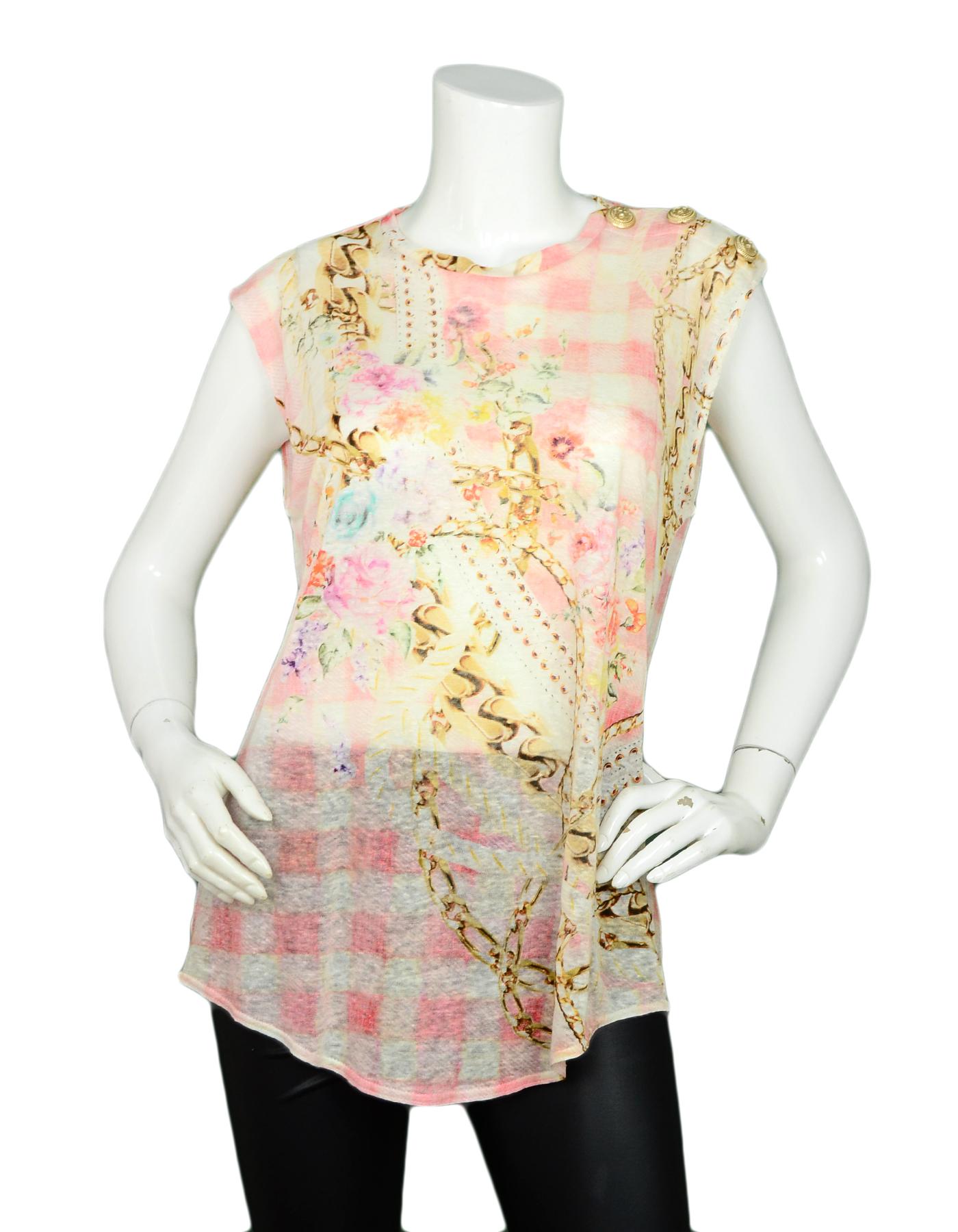 Balmain Pink Sleeveless Printed Linen Top w. Gold Lion Buttons FR42/ US10 In Excellent Condition In New York, NY