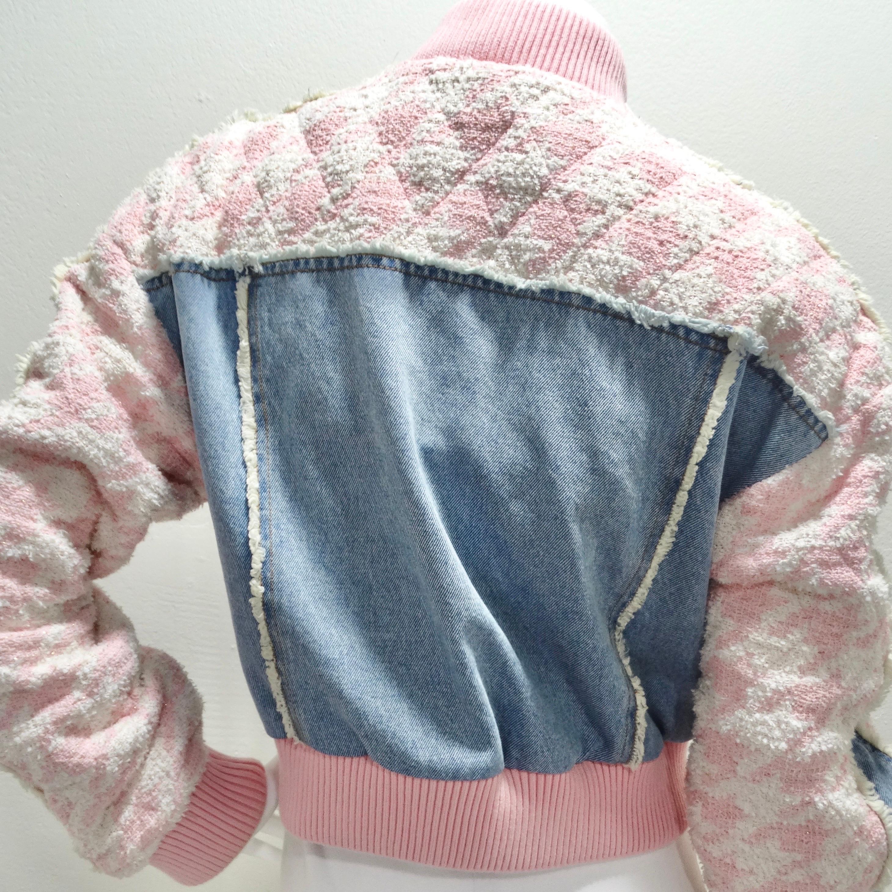 Balmain Pink Tweed Denim Bomber Jacket In Excellent Condition For Sale In Scottsdale, AZ