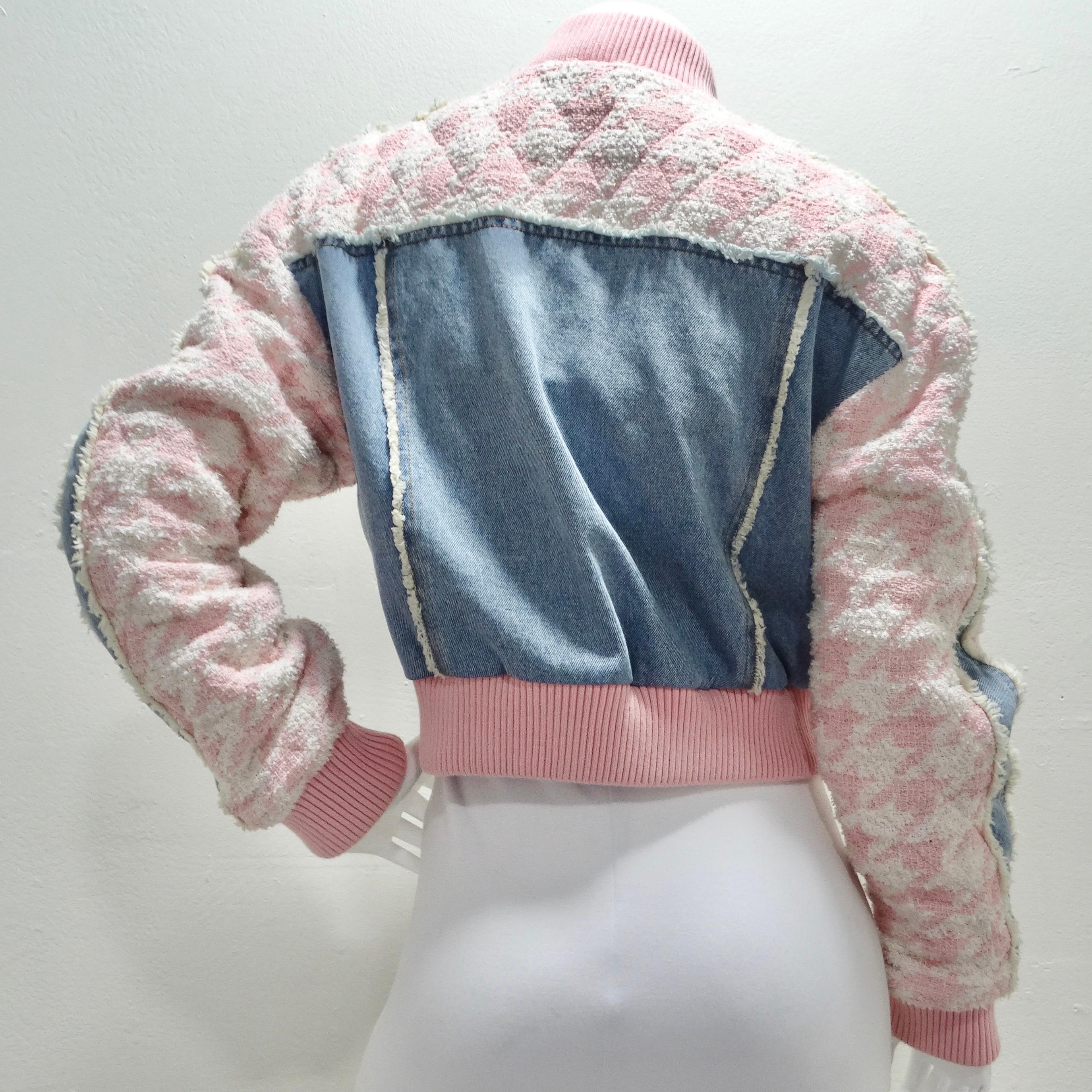 Women's or Men's Balmain Pink Tweed Denim Bomber Jacket For Sale