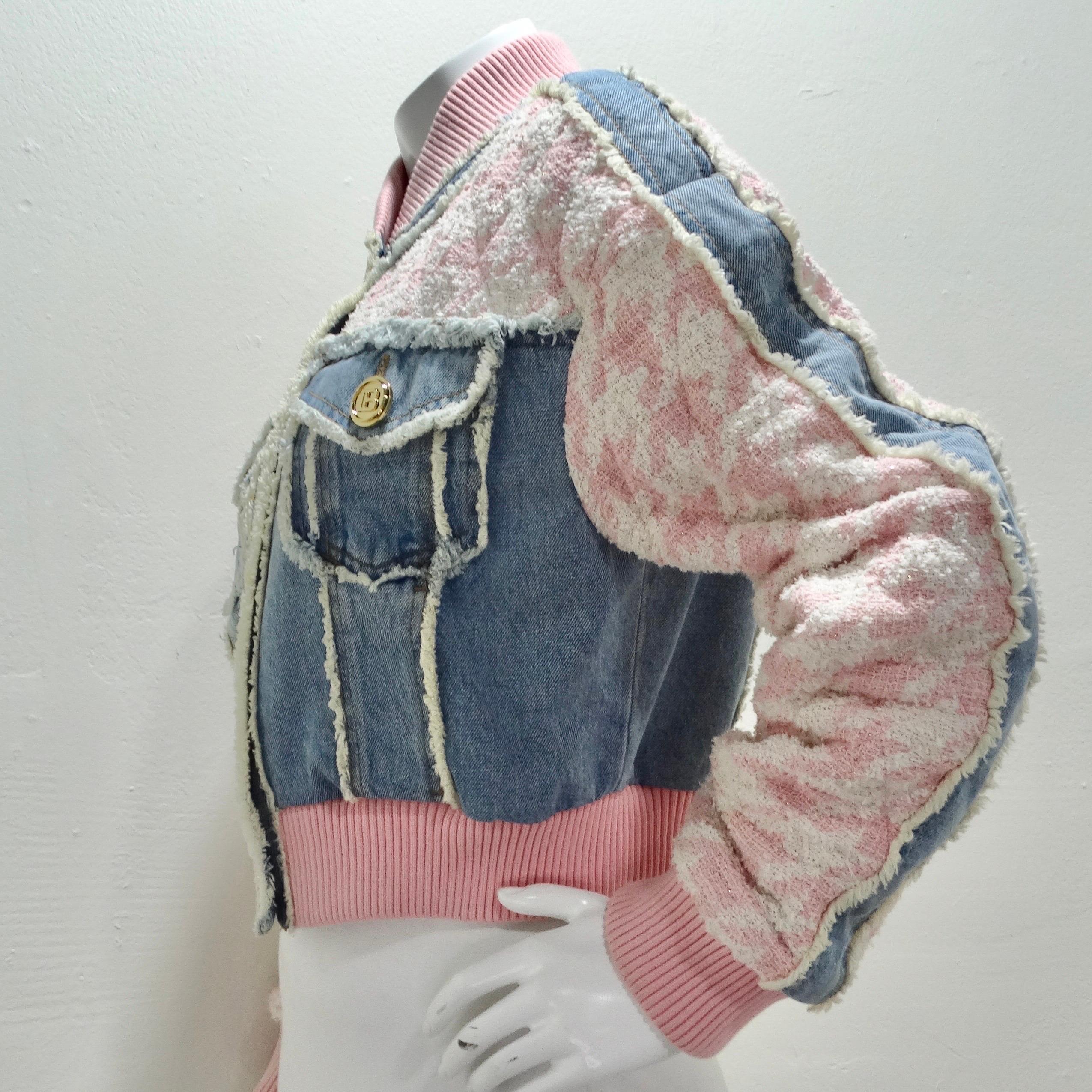 Balmain Pink Tweed Denim Bomber Jacket For Sale 2