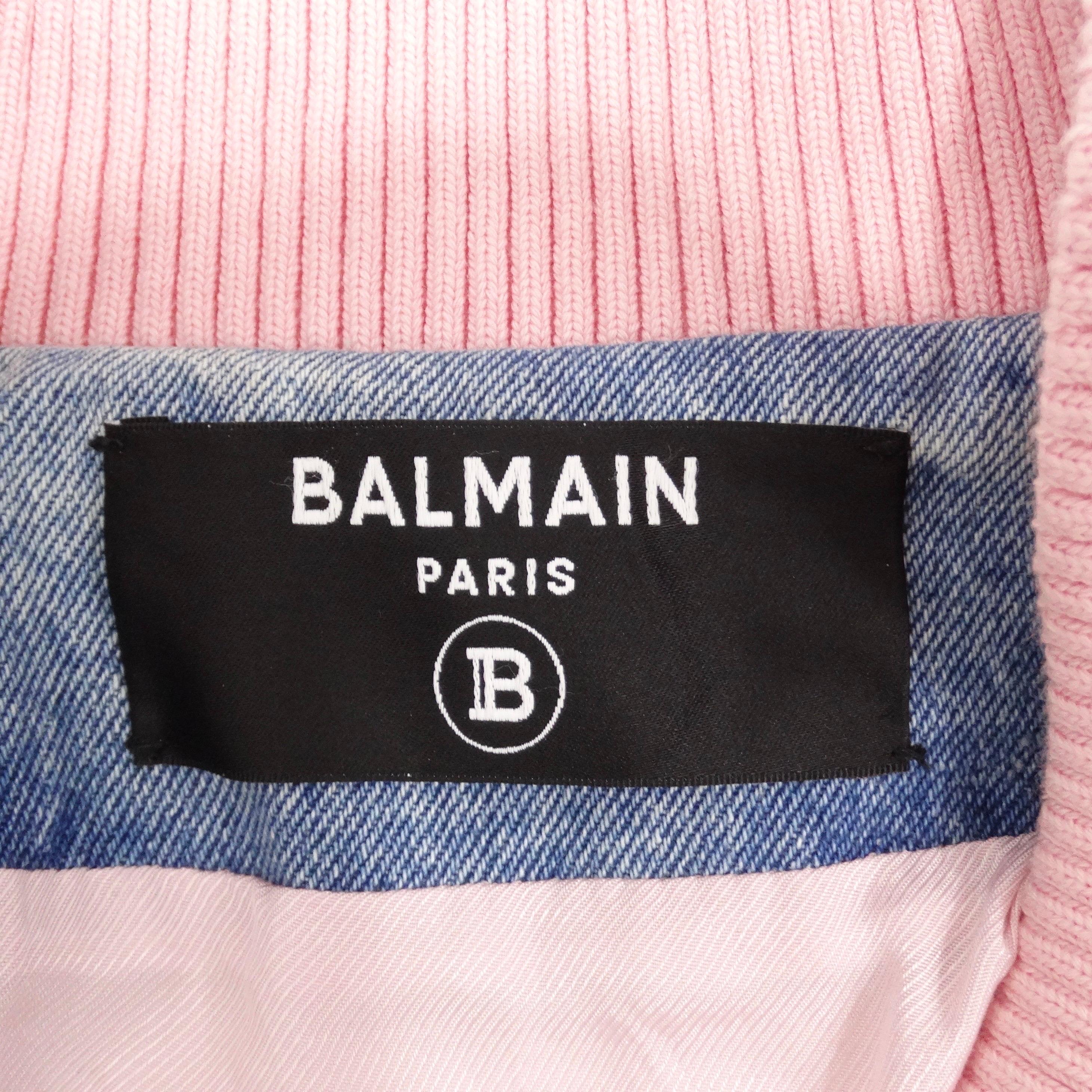 Balmain Pink Tweed Denim Bomber Jacket For Sale 3