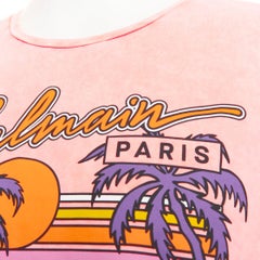 BALMAIN pink washed cotton jersey retro beach sunset graphic logo t-shirt L