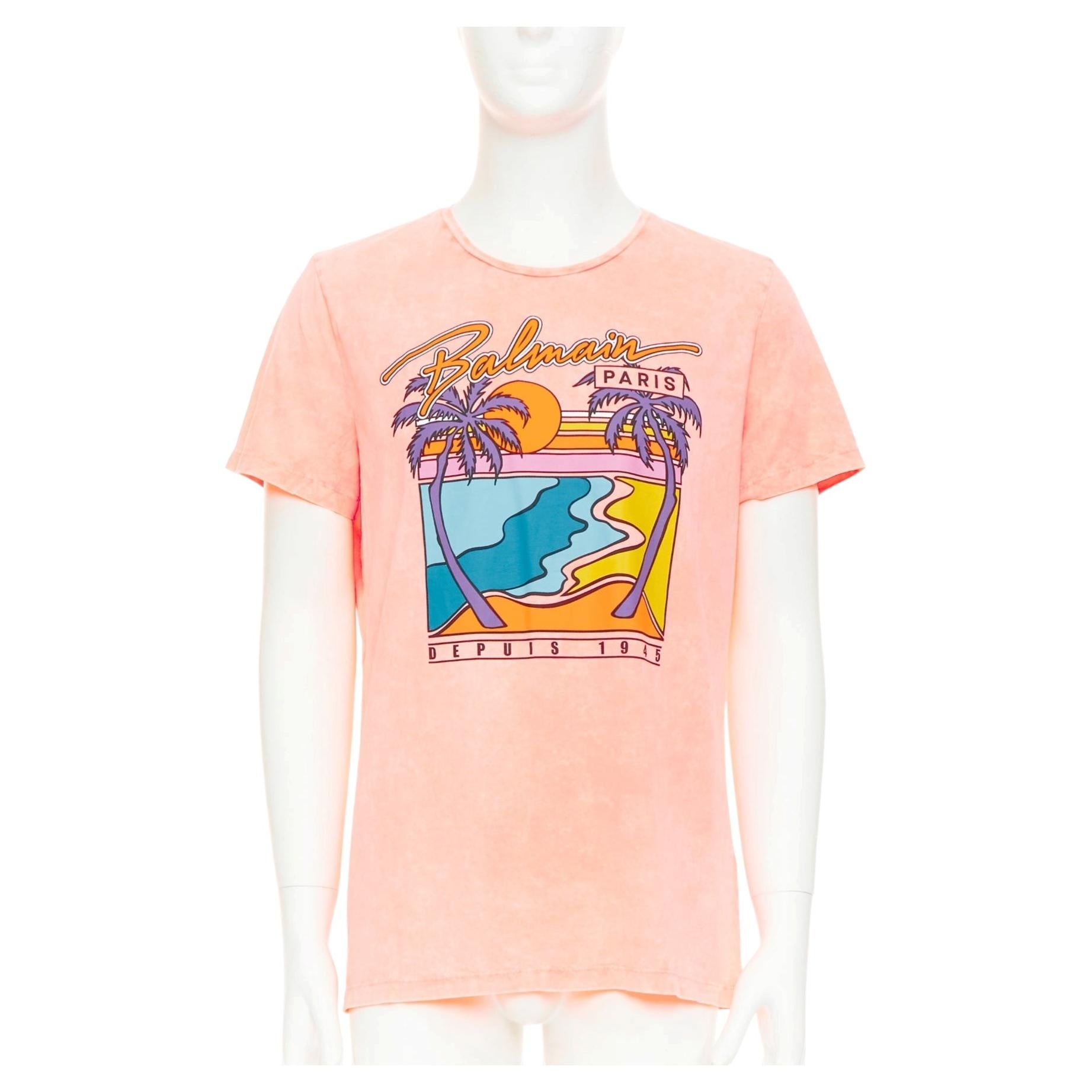 I.L.A. - T-shirt en jersey de coton lavé rose avec logo rétro plage-coucher de soleil L en vente