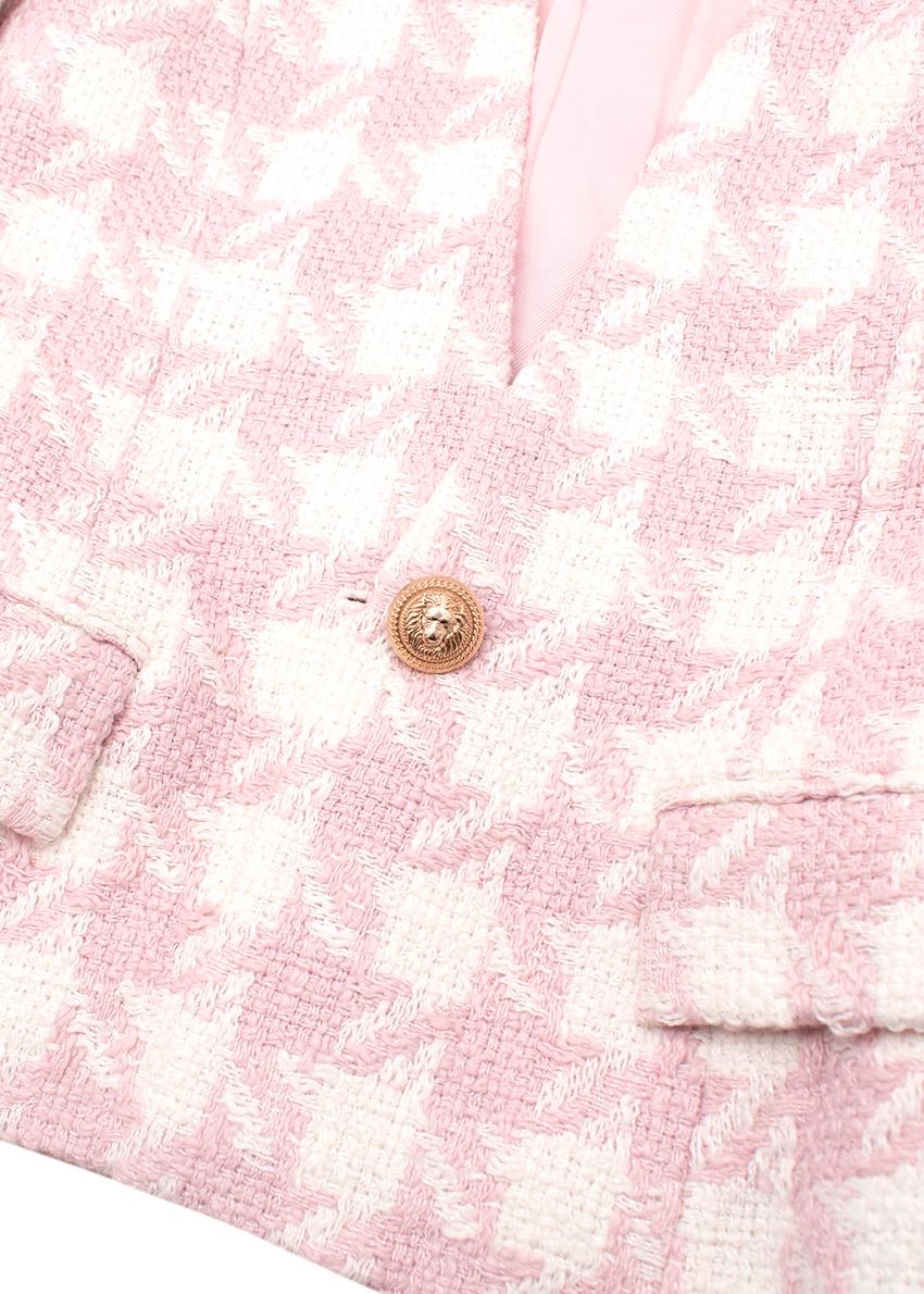 Beige Balmain Pink & White Houndstooth Tweed Collarless Jacket For Sale