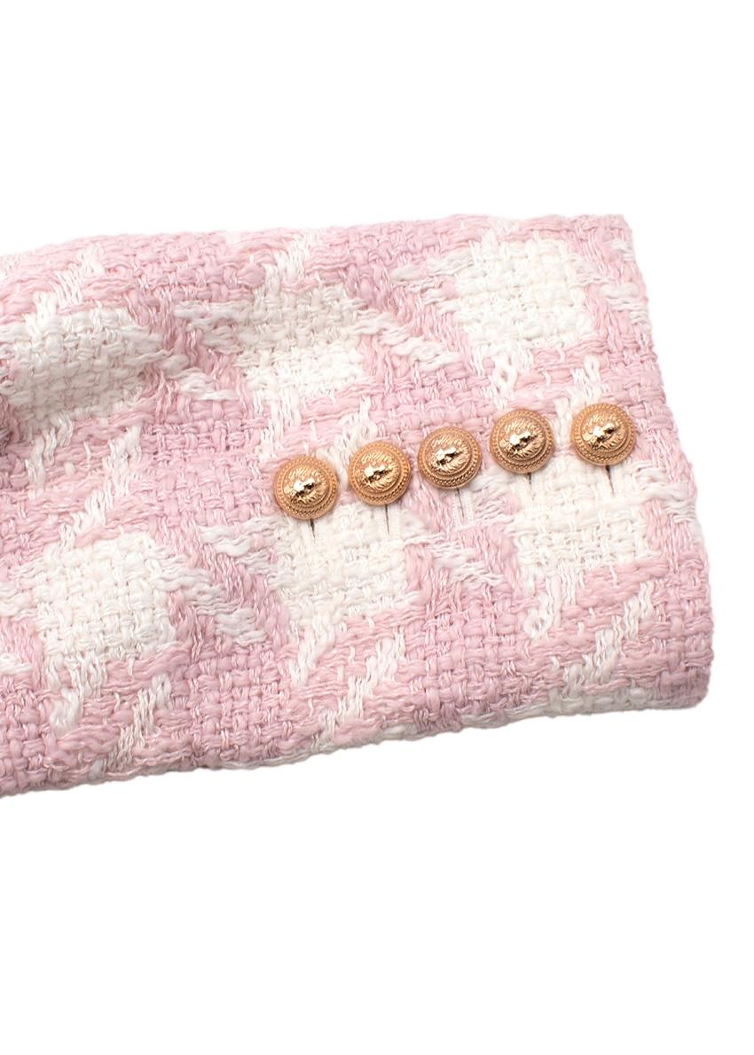 Balmain Pink & White Houndstooth Tweed Collarless Jacket For Sale 1