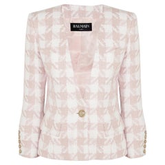 Balmain Pink & White Houndstooth Tweed Collarless Jacket