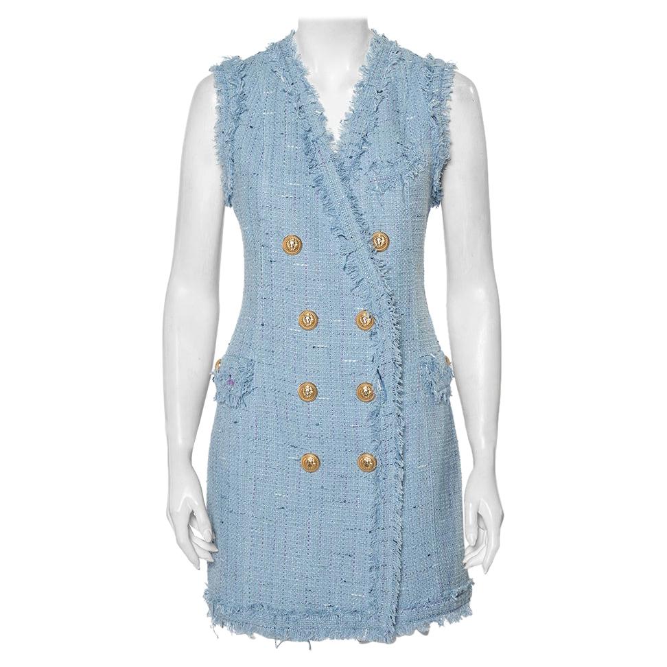 Balmain Powder Blue Tweed Double Breasted Sleeveless Mini Dress M