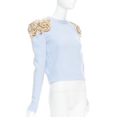 BALMAIN powder blue wool cashmere gold pearl embellished sweater FR36 S