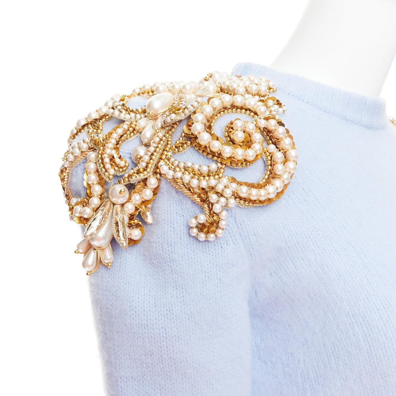 Gray BALMAIN powder blue wool cashmere gold pearl embellished sweater FR36 S For Sale