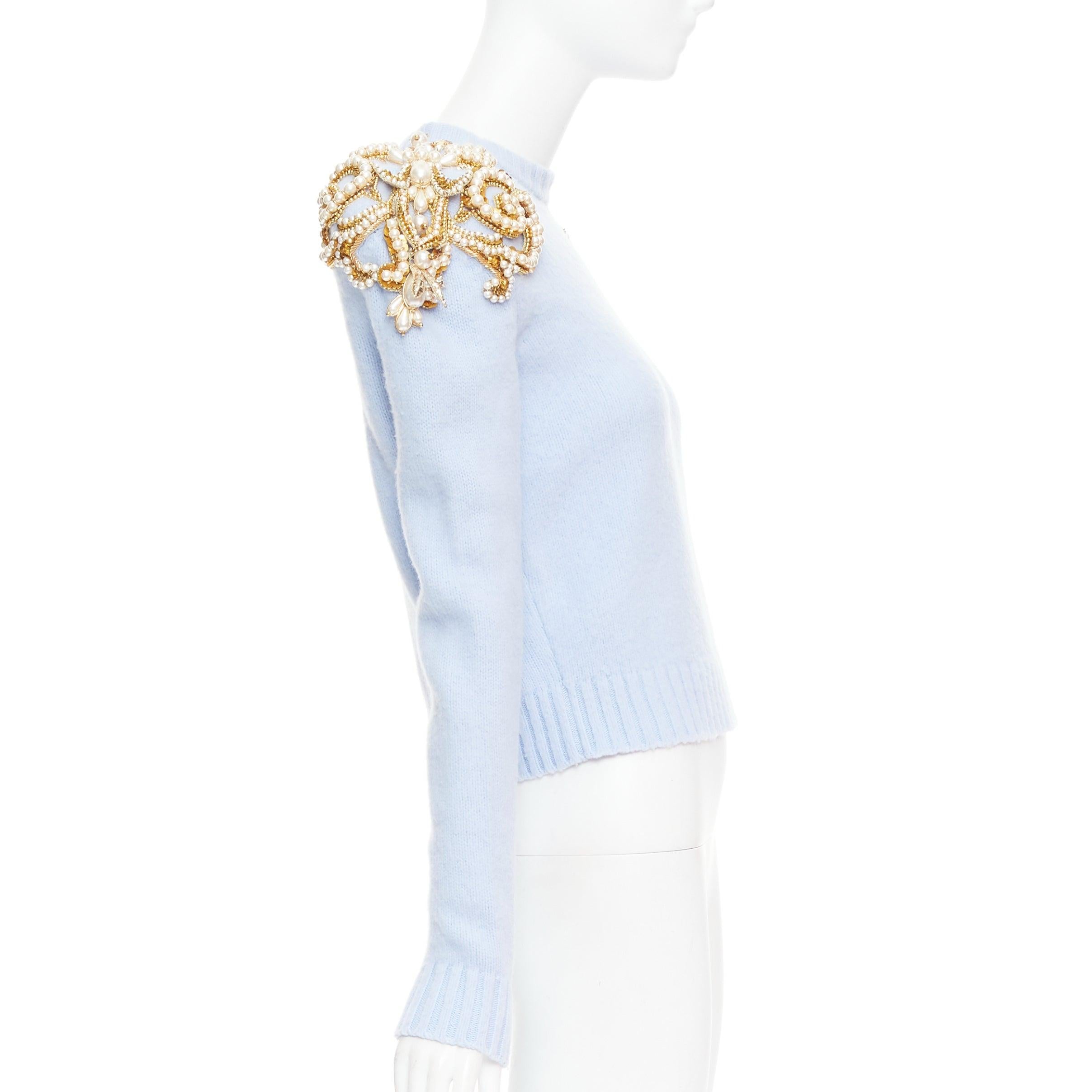BALMAIN powder blue wool cashmere gold pearl embellished sweater FR36 S In Good Condition For Sale In Hong Kong, NT