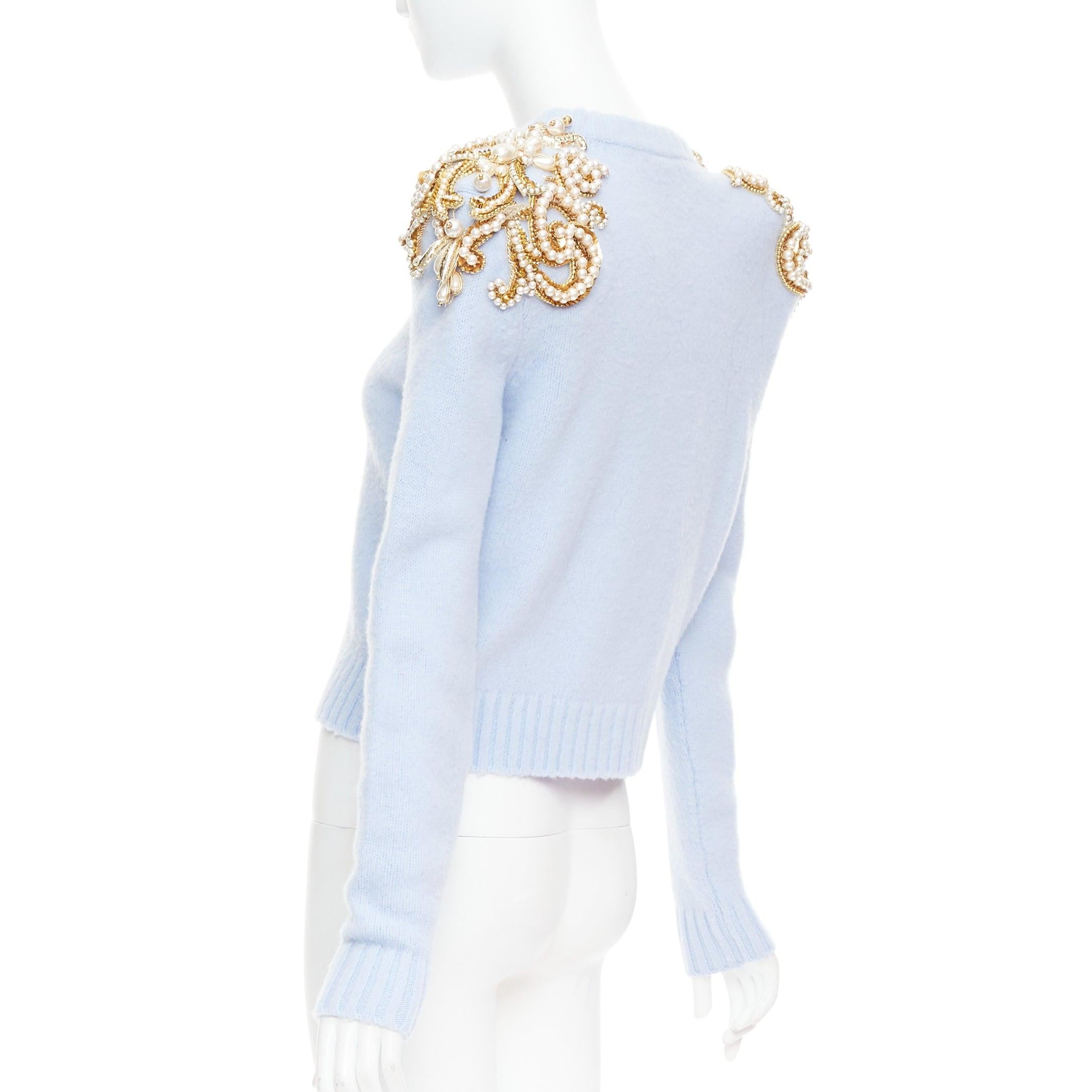 BALMAIN powder blue wool cashmere gold pearl embellished sweater FR36 S For Sale 1