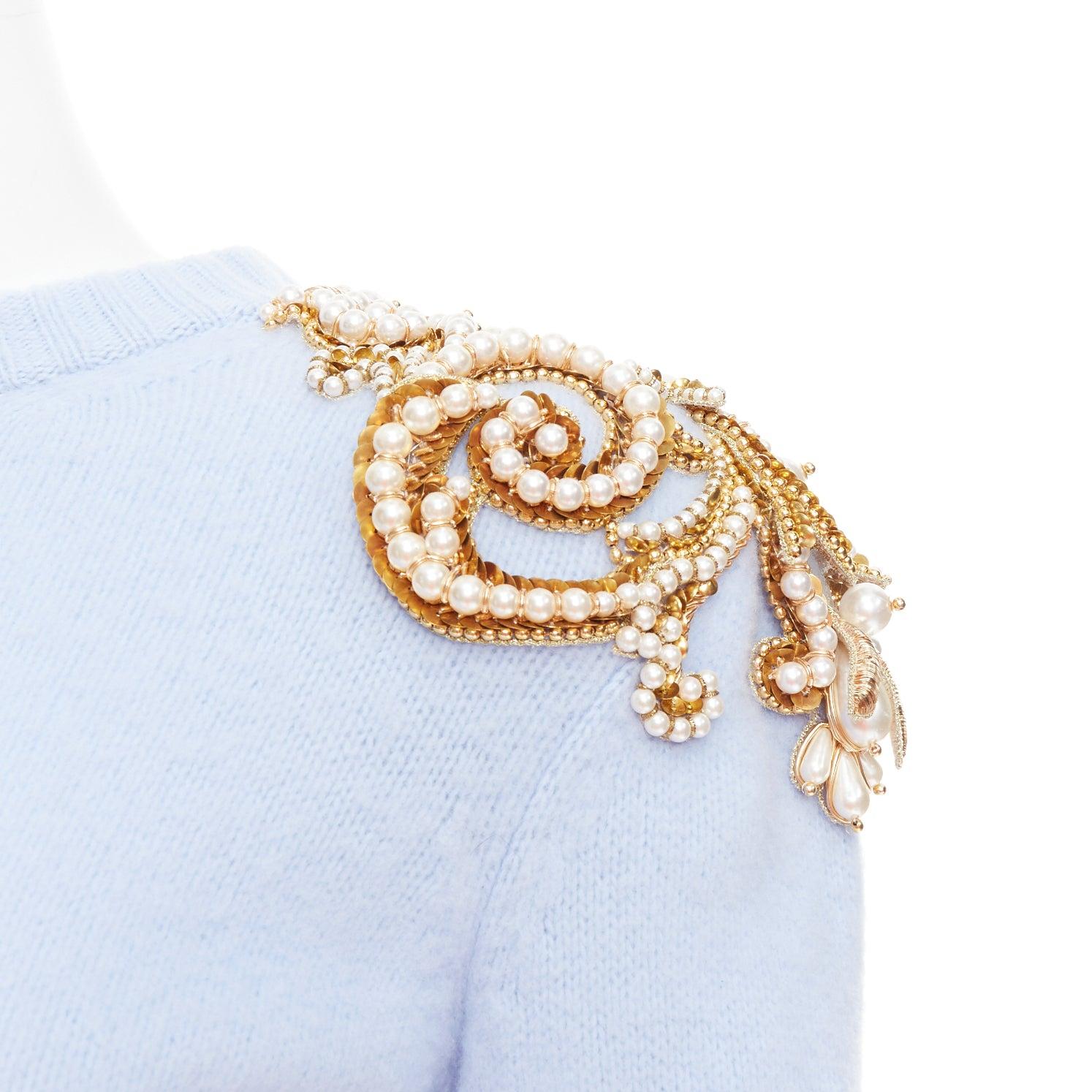 BALMAIN powder blue wool cashmere gold pearl embellished sweater FR36 S For Sale 2