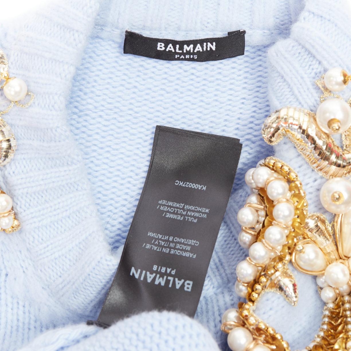BALMAIN powder blue wool cashmere gold pearl embellished sweater FR36 S For Sale 3