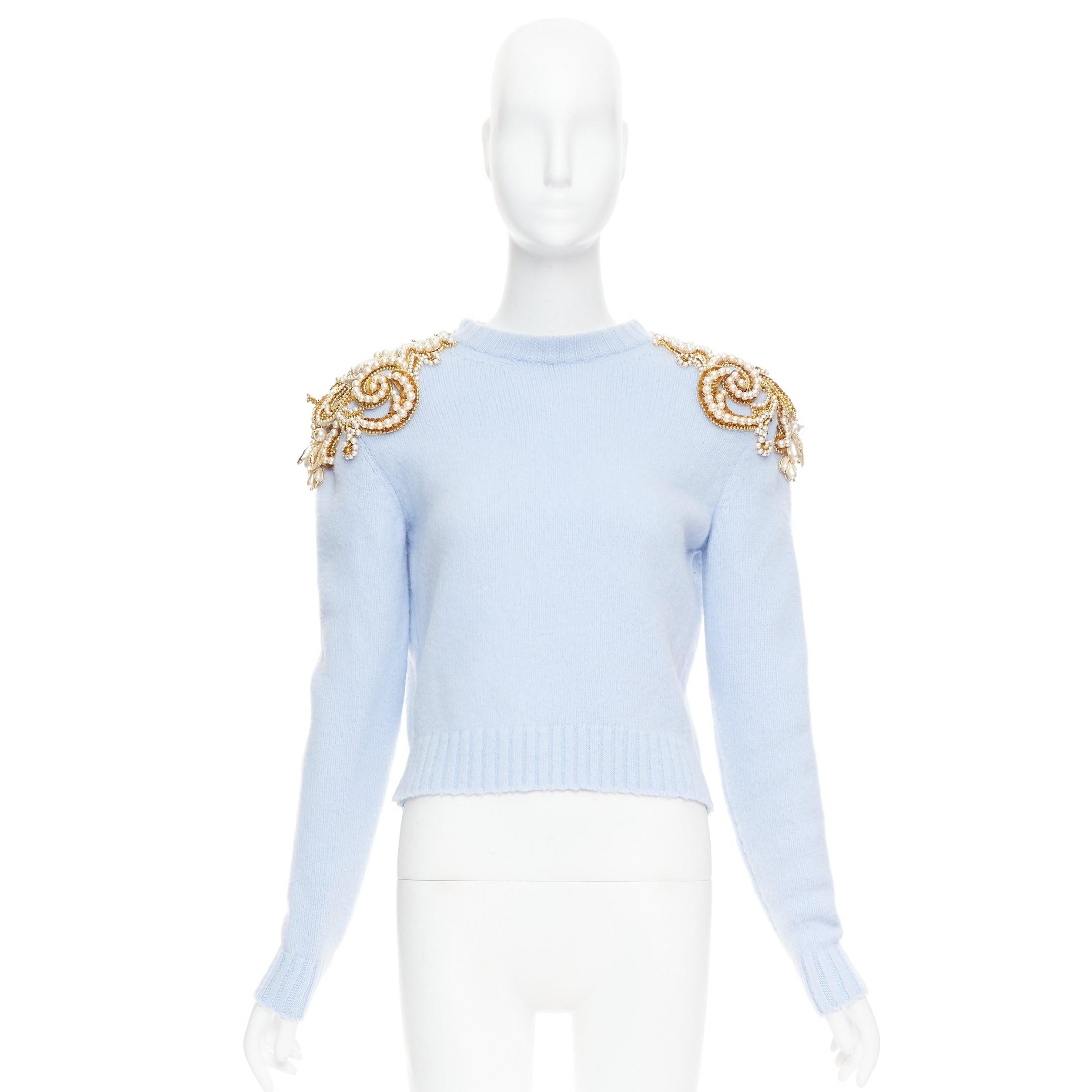 BALMAIN powder blue wool cashmere gold pearl embellished sweater FR36 S For Sale 4