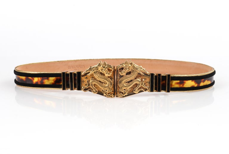 BALMAIN Pre Fall 2013 Gold Double Dragon Buckle Tortoiseshell Print Waist  Belt For Sale at 1stDibs | balmain belt