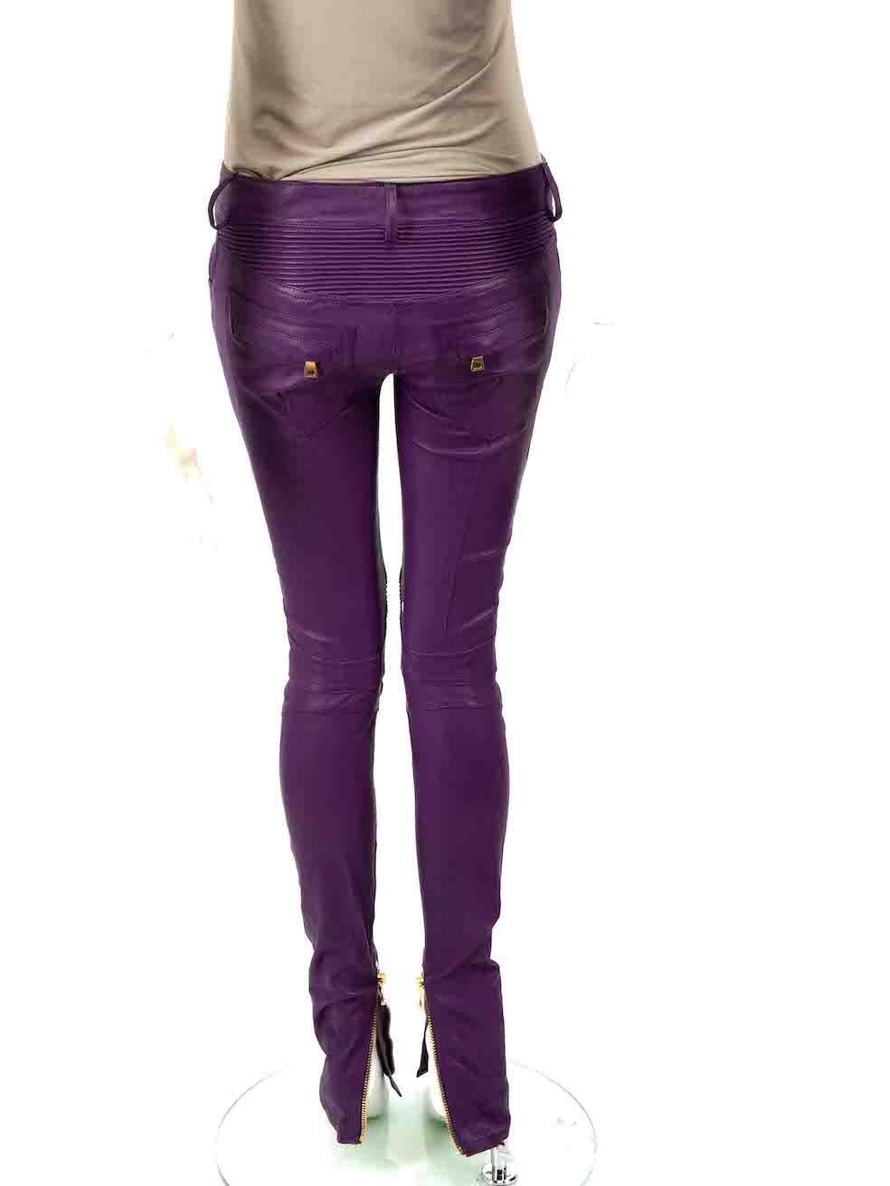 Balmain Purple Leather Skinny Biker Trousers Size S In Good Condition For Sale In London, GB