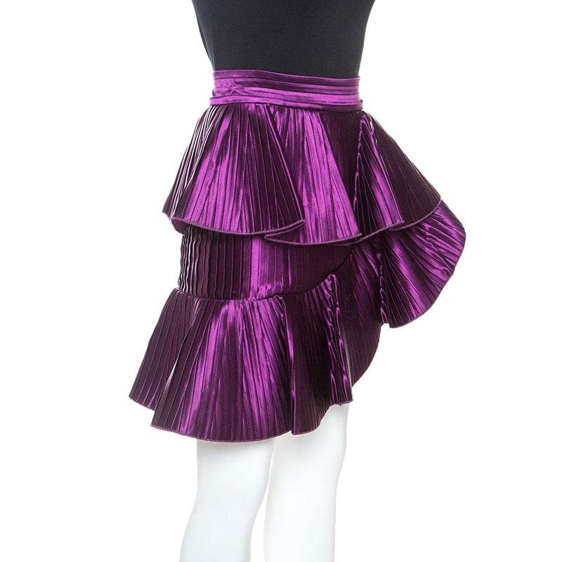 Balmain Lila Satin Plissee Asymmetrisch Geraffter Minirock S (Violett)