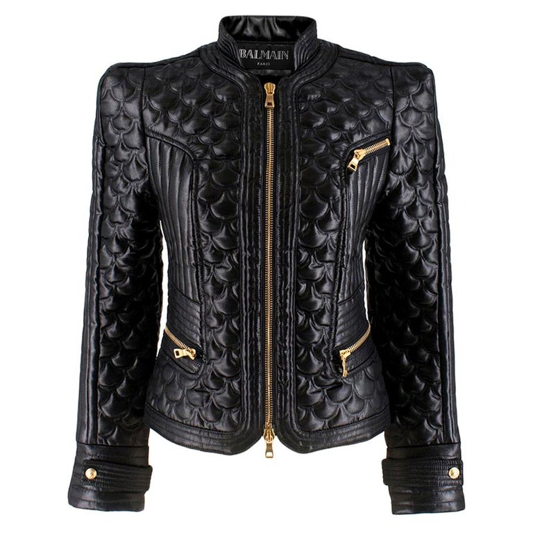 Balmain Quilted Black Faux Leather Biker Jacket - Size US 2/4 at 1stDibs | balmain quilted leather jacket, balmain black leather jacket, balmain quilted