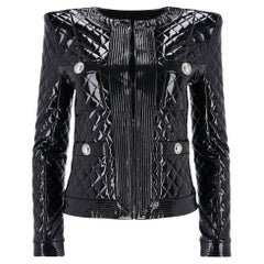 Balmain Quilted Faux Patent Leather Jacket With Logo Buttons