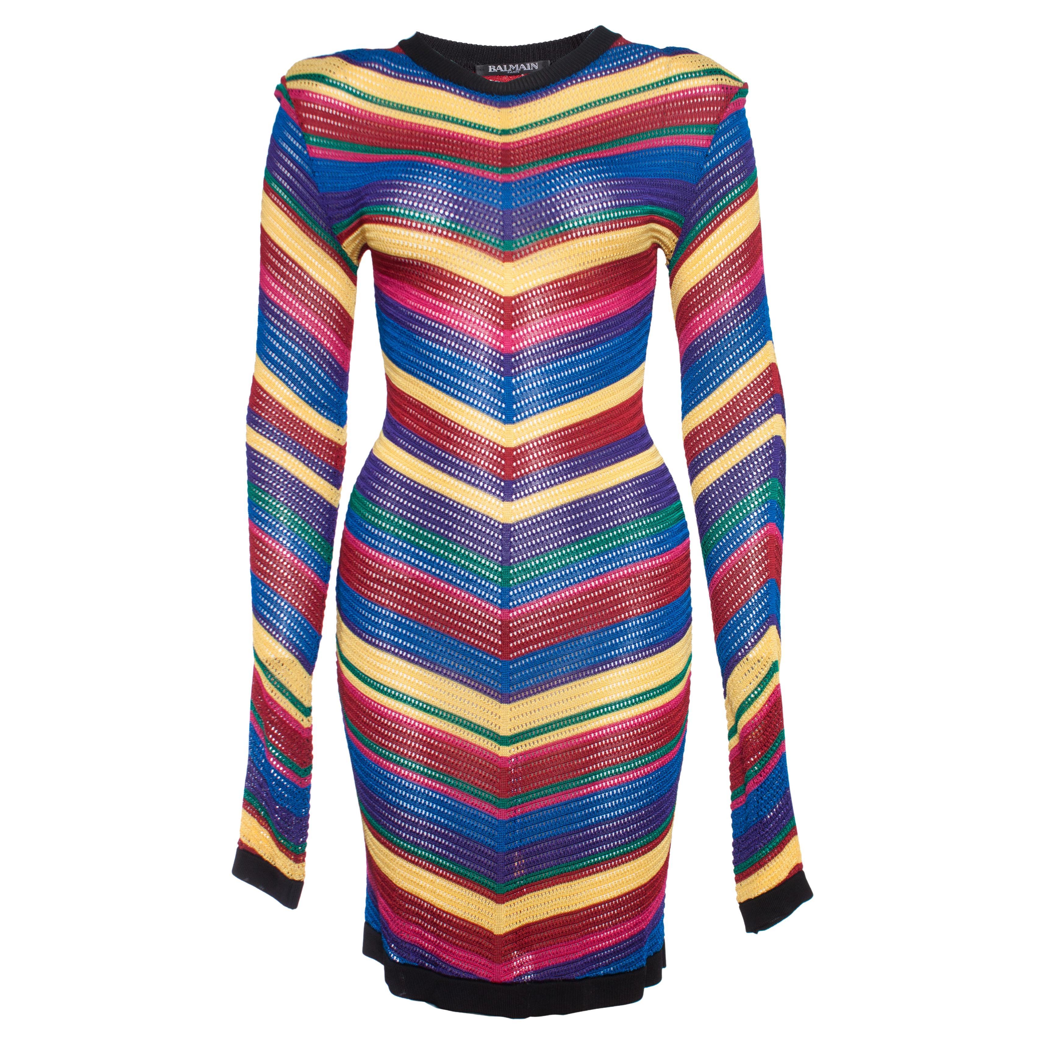 Balmain, Rainbow stripe knit dress. For Sale