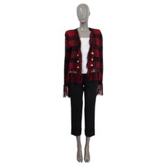 BALMAIN red & black mohair 2017 TARTAN FRINGED JACQUARD KNIT OPEN Jacket 38 S