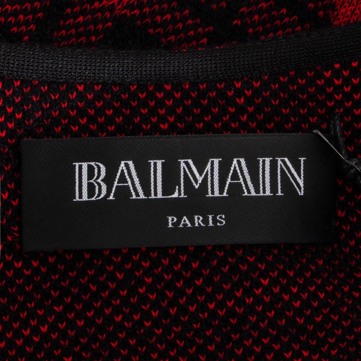 Women's BALMAIN red & black mohair 2017 TARTAN FRINGED JACQUARD KNIT OPEN Jacket 38 S For Sale