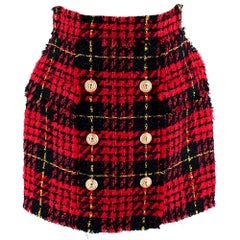 Balmain Red & Black Tweed Skirt with Golden Buttons - Size US 10