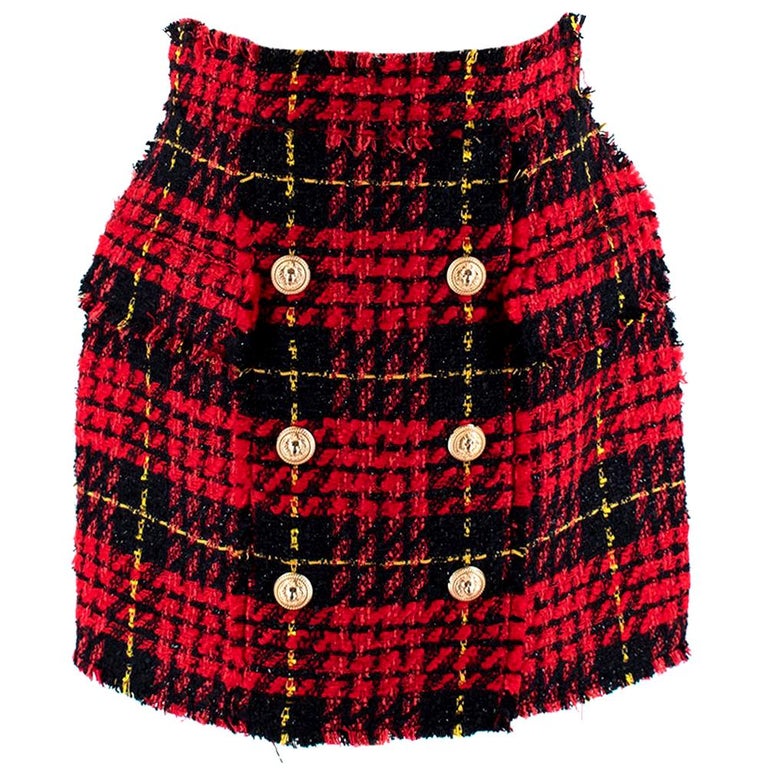 Balmain Red and Black Tweed Skirt with Golden Buttons - Size US 10 at ...