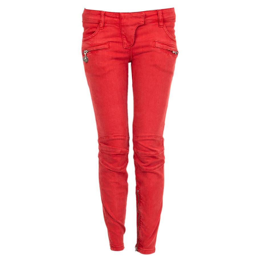 BALMAIN red cotton DENIM SKINNY BIKER Jeans Pants 38 XS For Sale