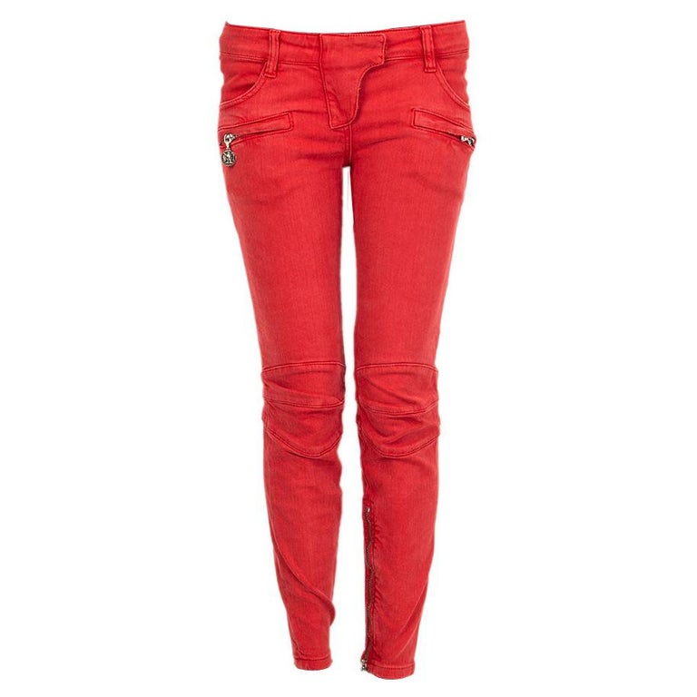 BALMAIN red cotton DENIM SKINNY BIKER Jeans Pants 38 XS For Sale at 1stDibs | balmain jeans red, red jeans, 38xs jeans