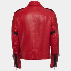 Balmain Red Distressed Leather Moto Biker Jacket