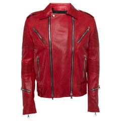 Used Balmain Red Distressed Leather Moto Biker Jacket 