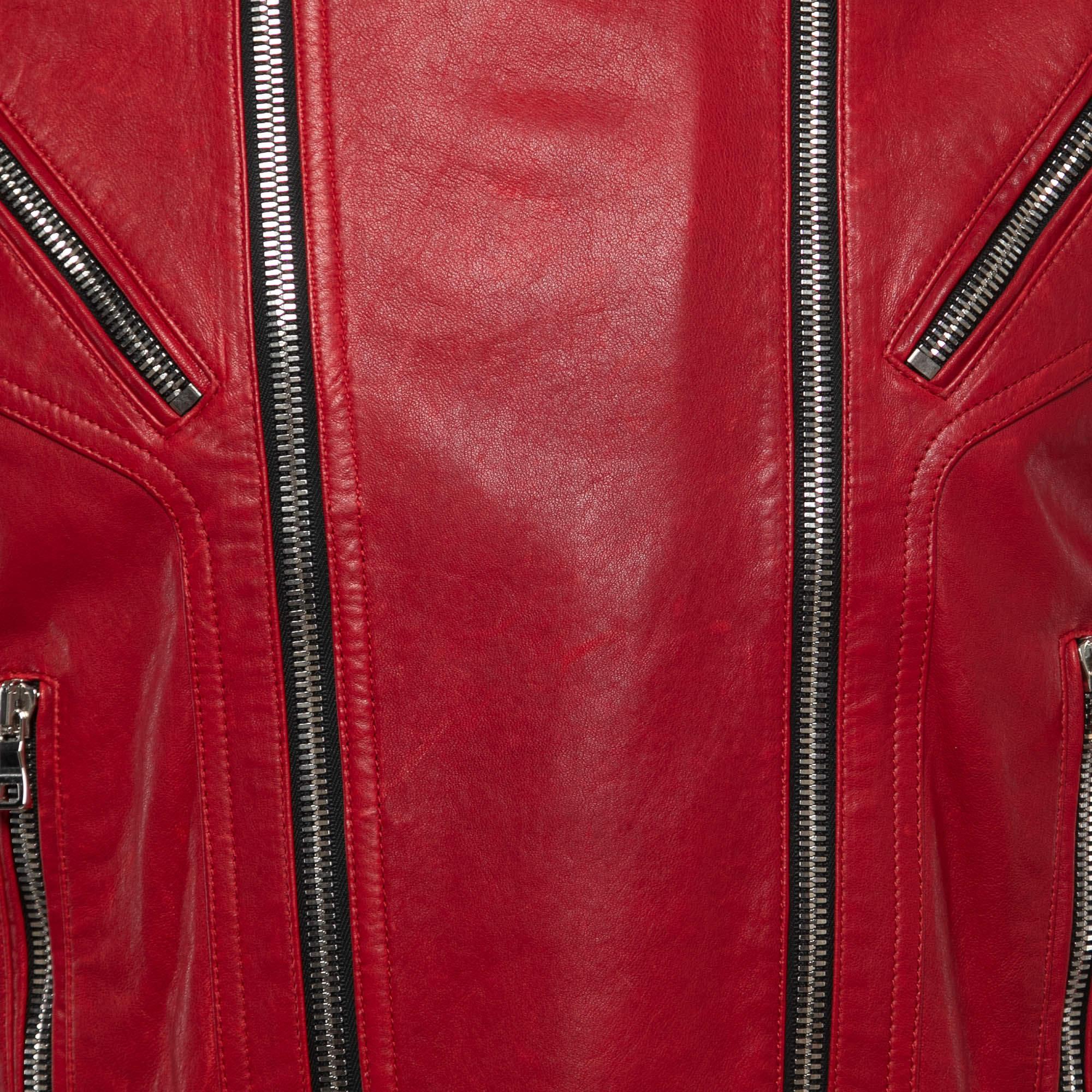 Balmain Red Distressed Leather Moto Biker Jacket L In Good Condition In Dubai, Al Qouz 2