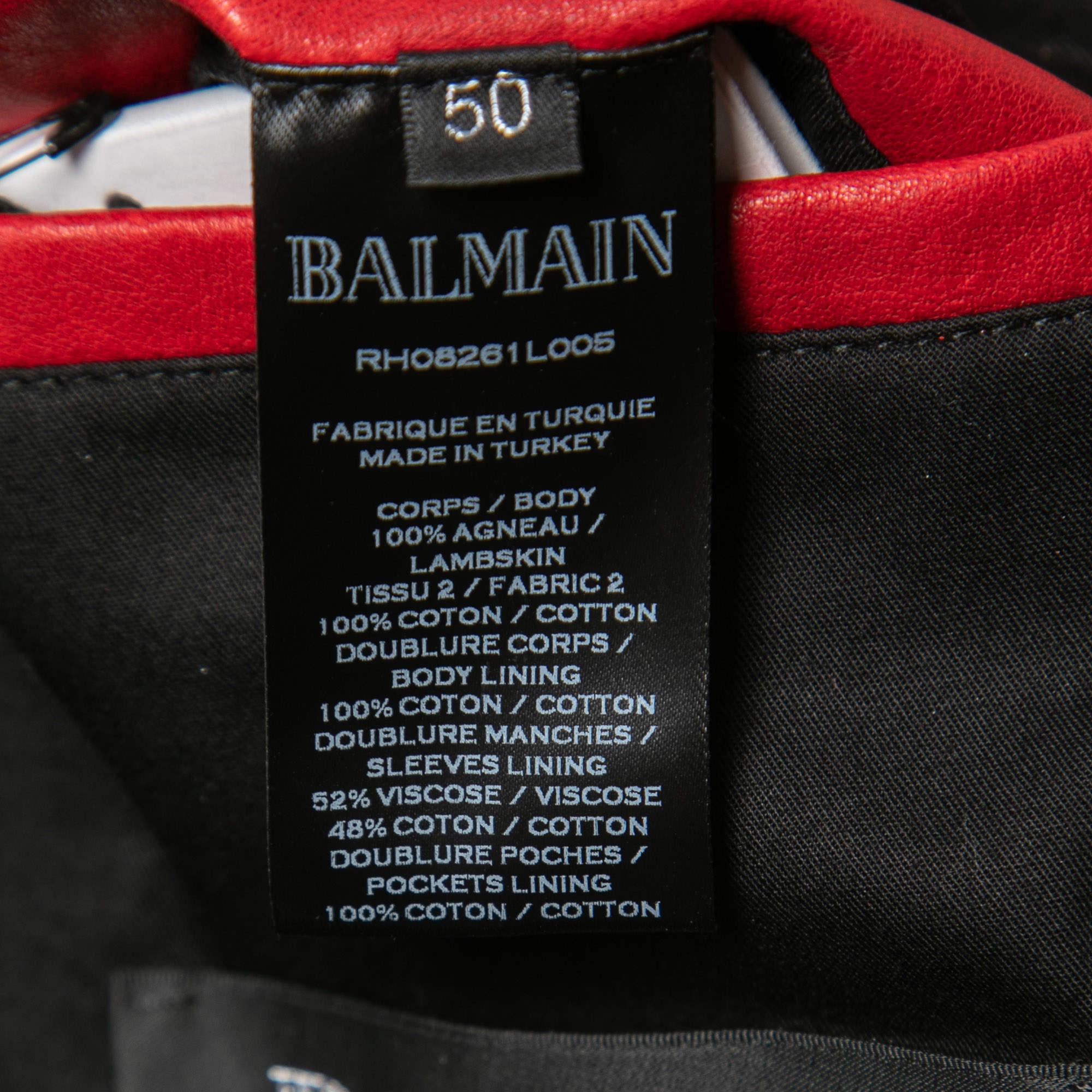 Balmain Red Distressed Leather Moto Biker Jacket L 1