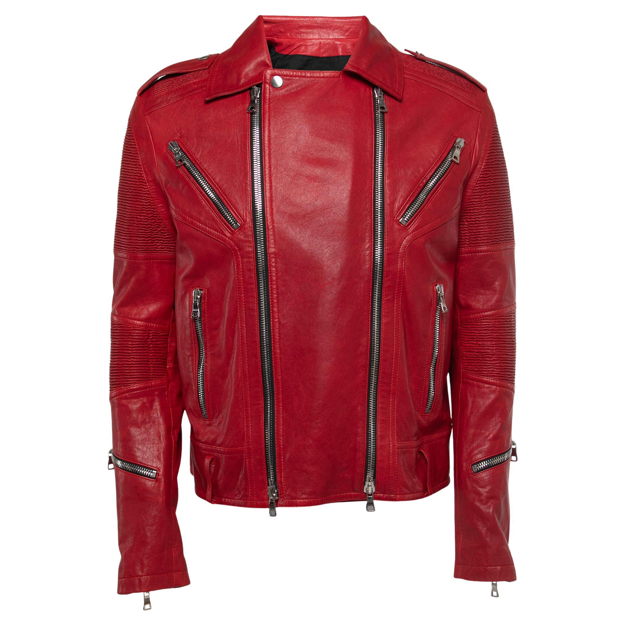 Balmain Red Distressed Leather Moto Biker Jacket L