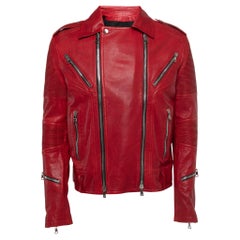 Balmain Red Distressed Leather Moto Biker Jacket L
