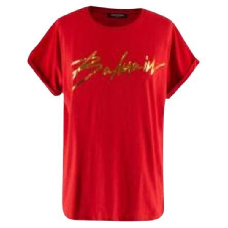 Balmain Red Foil Logo T-shirt For Sale at 1stDibs