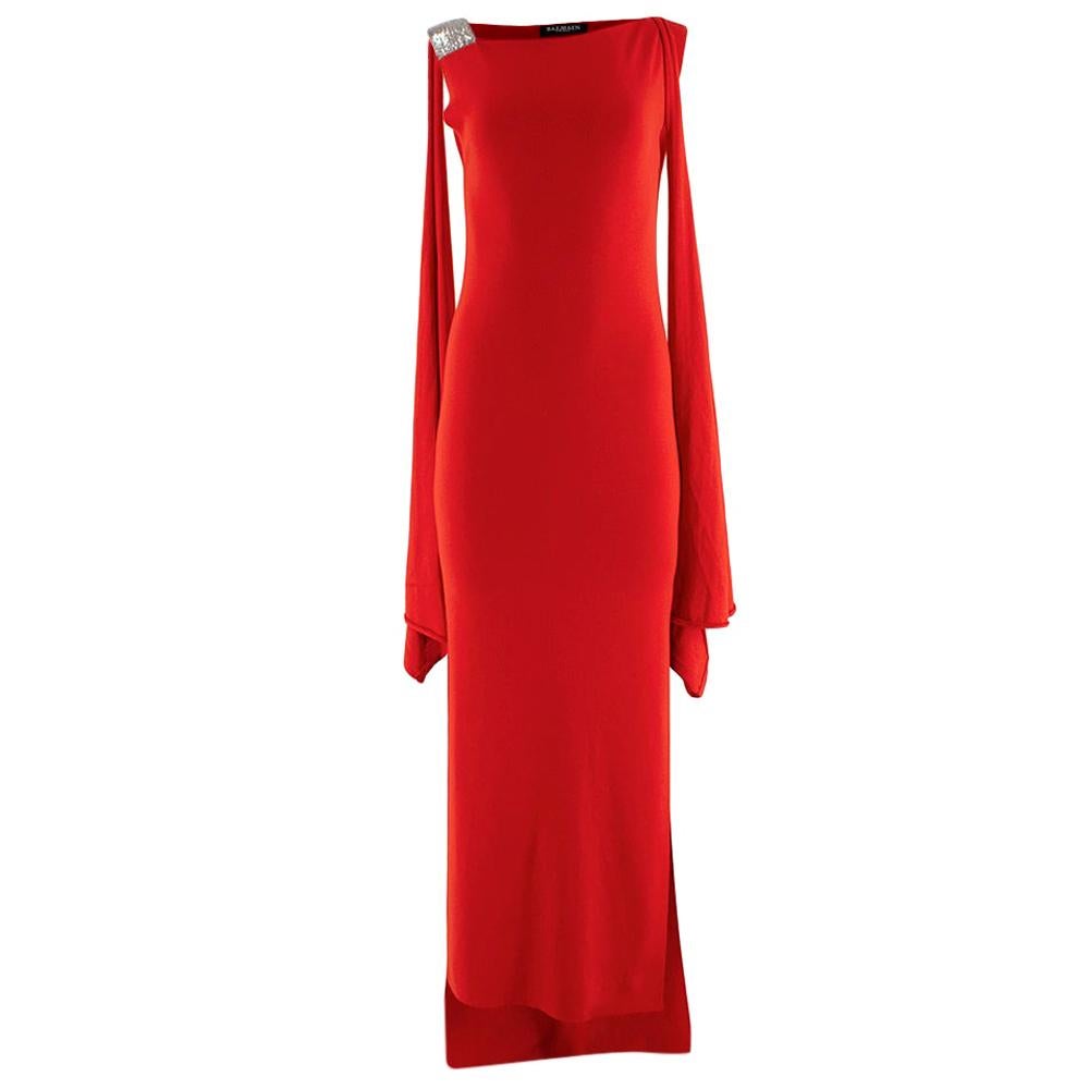 Balmain Red Knit Draped Shoulder Gown - Size US 4 For Sale