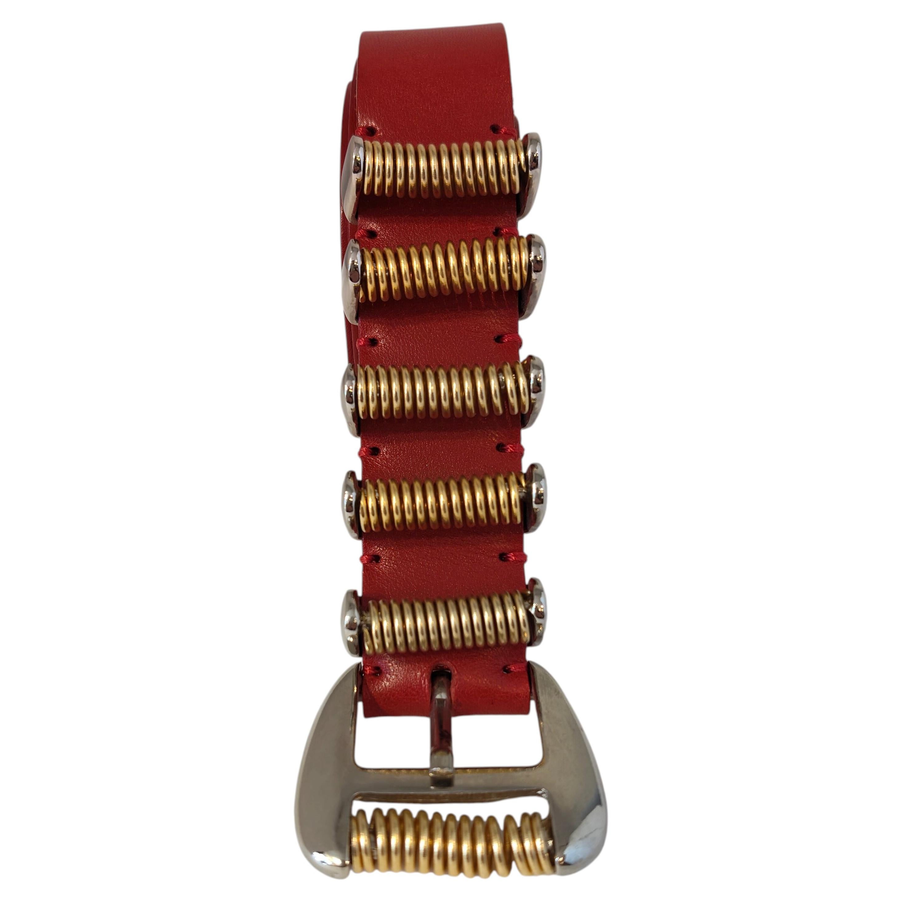 Balmain red leather silver and gold tone hardware belt For Sale