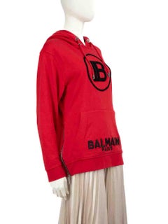 Balmain Red Logo Embroidered Zip Detail Hoodie Size L
