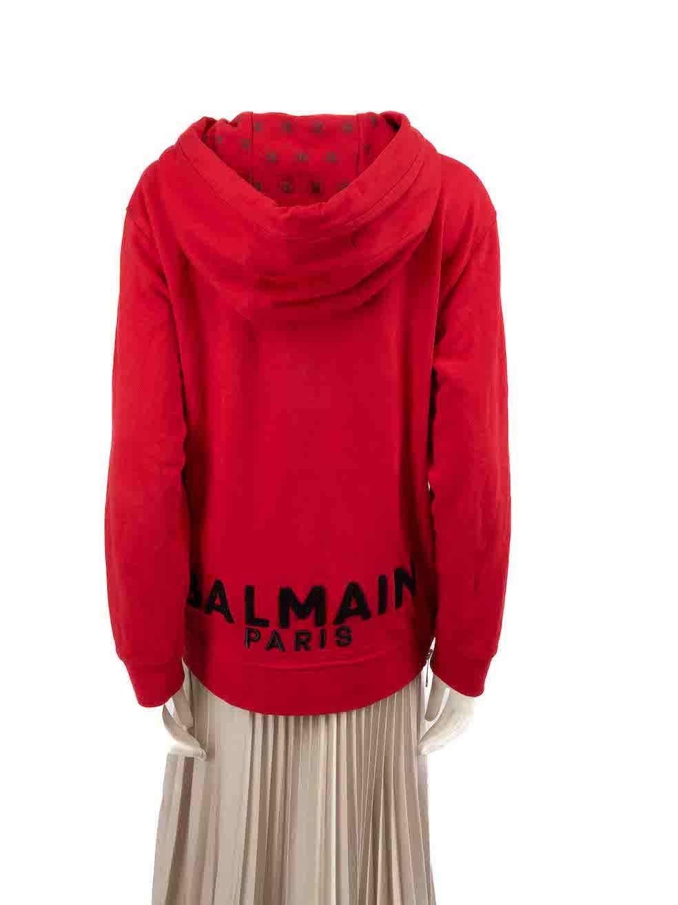 Balmain Red Logo Embroidered Zip Detail Hoodie Size L In Excellent Condition For Sale In London, GB