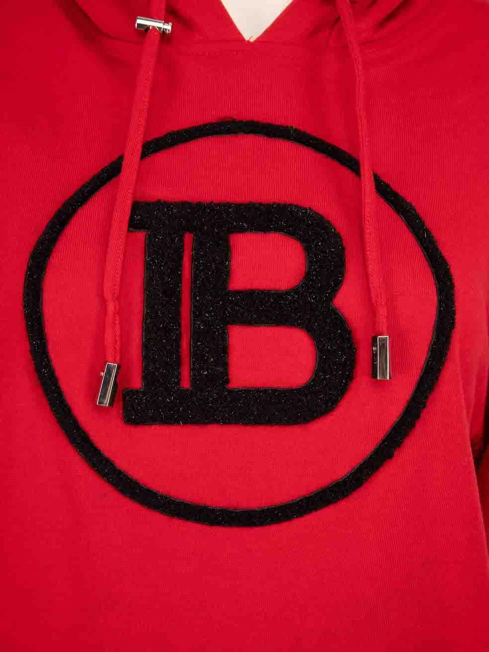 Women's Balmain Red Logo Embroidered Zip Detail Hoodie Size L For Sale