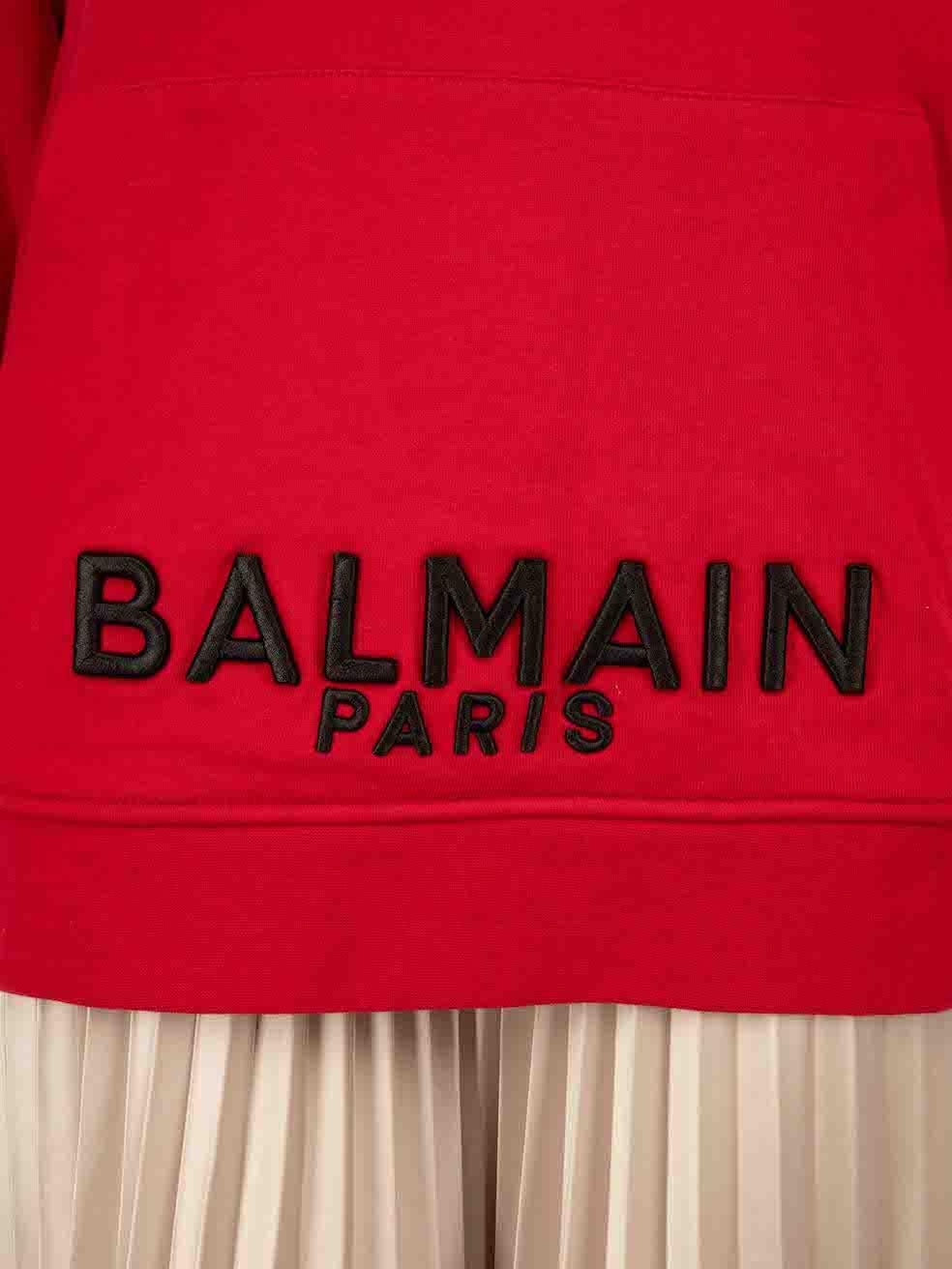 Balmain Red Logo Embroidered Zip Detail Hoodie Size L For Sale 1