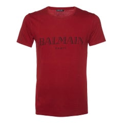 Balmain Red Logo Print Cotton Crew Neck T-Shirt XS