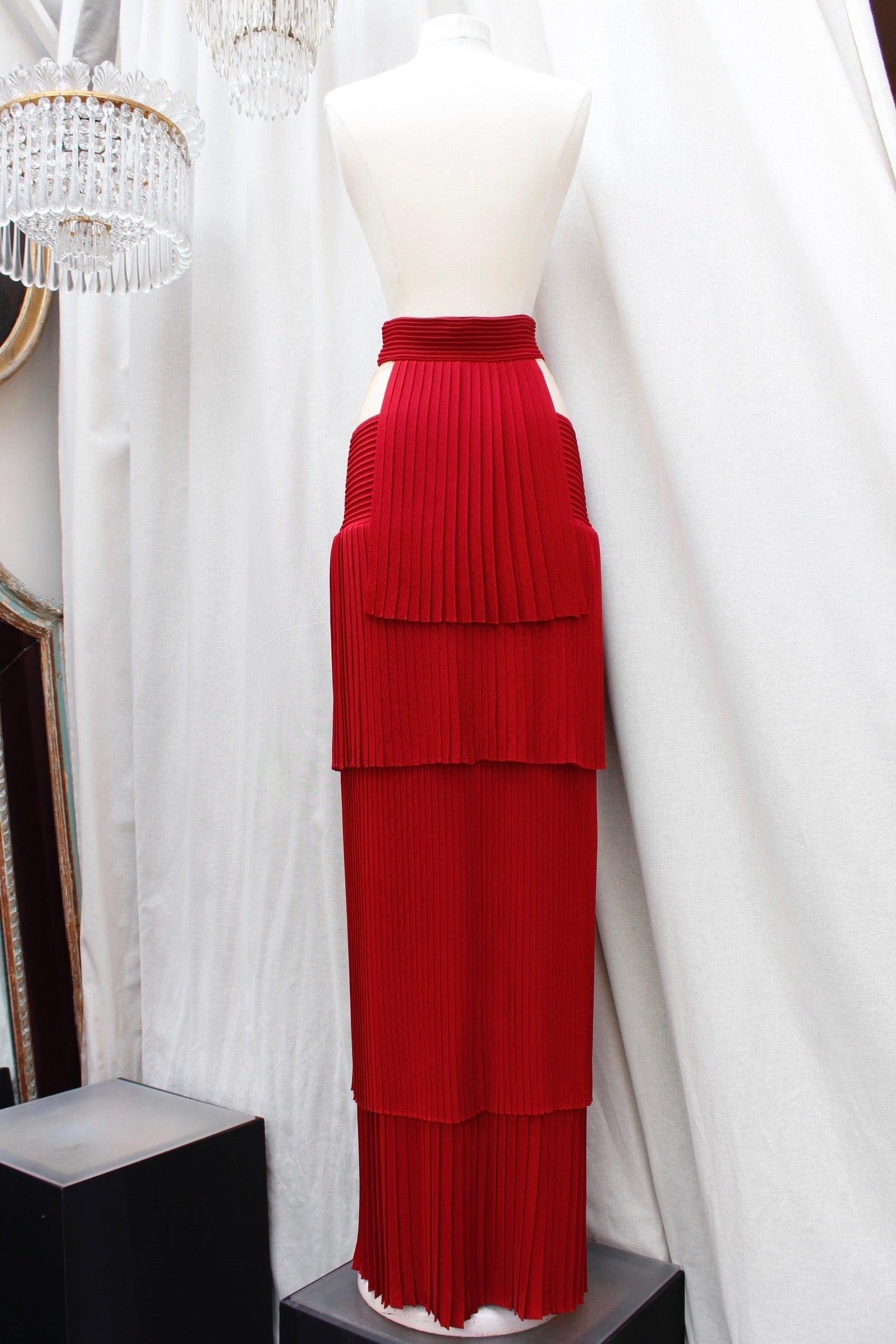Balmain Red Pleated Skirt with Nude Mesh In Excellent Condition For Sale In SAINT-OUEN-SUR-SEINE, FR