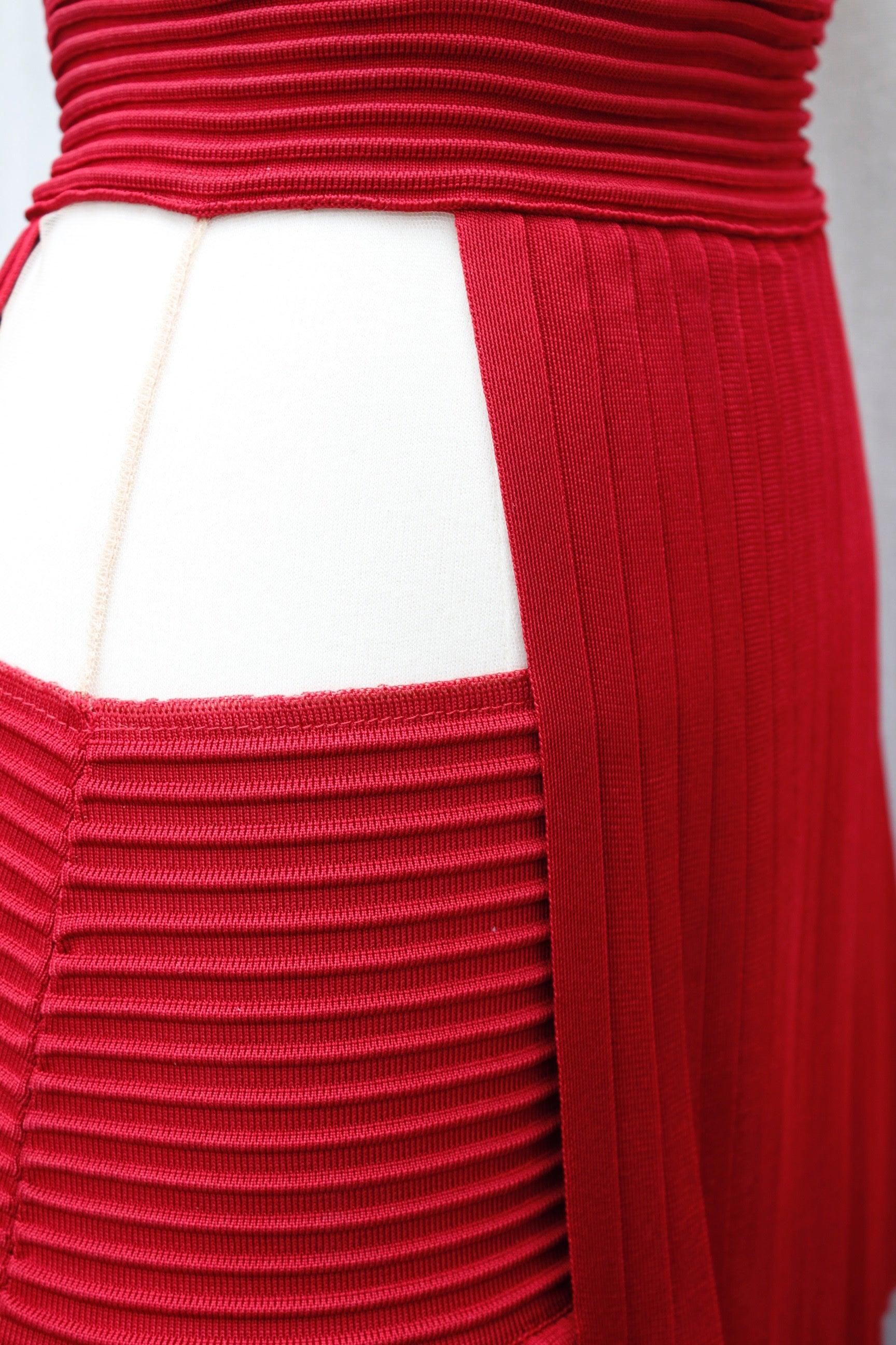 Balmain Red Pleated Skirt with Nude Mesh For Sale 1