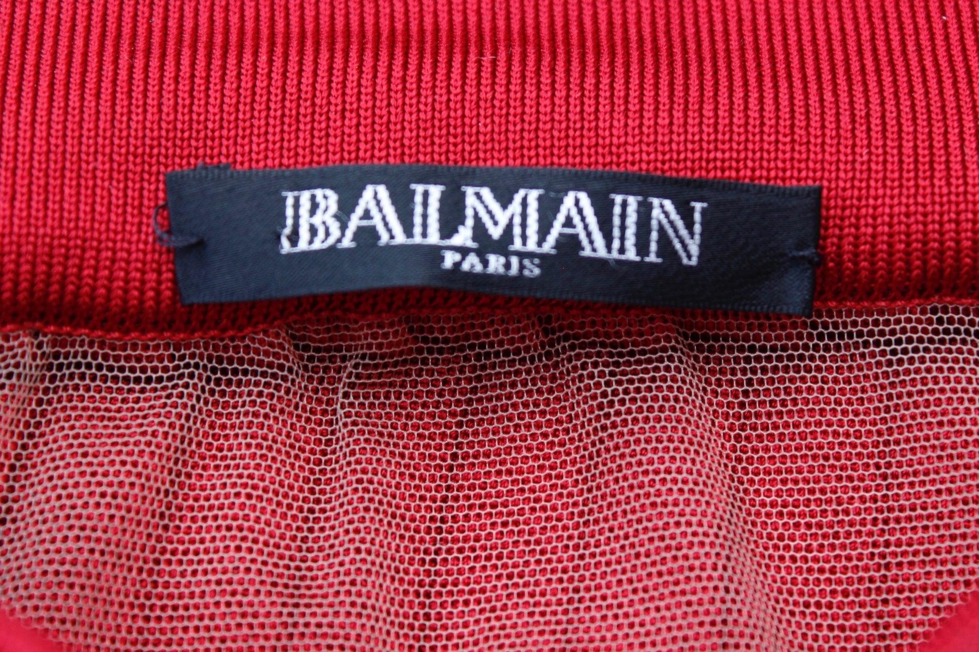 Balmain Red Pleated Skirt with Nude Mesh For Sale 4
