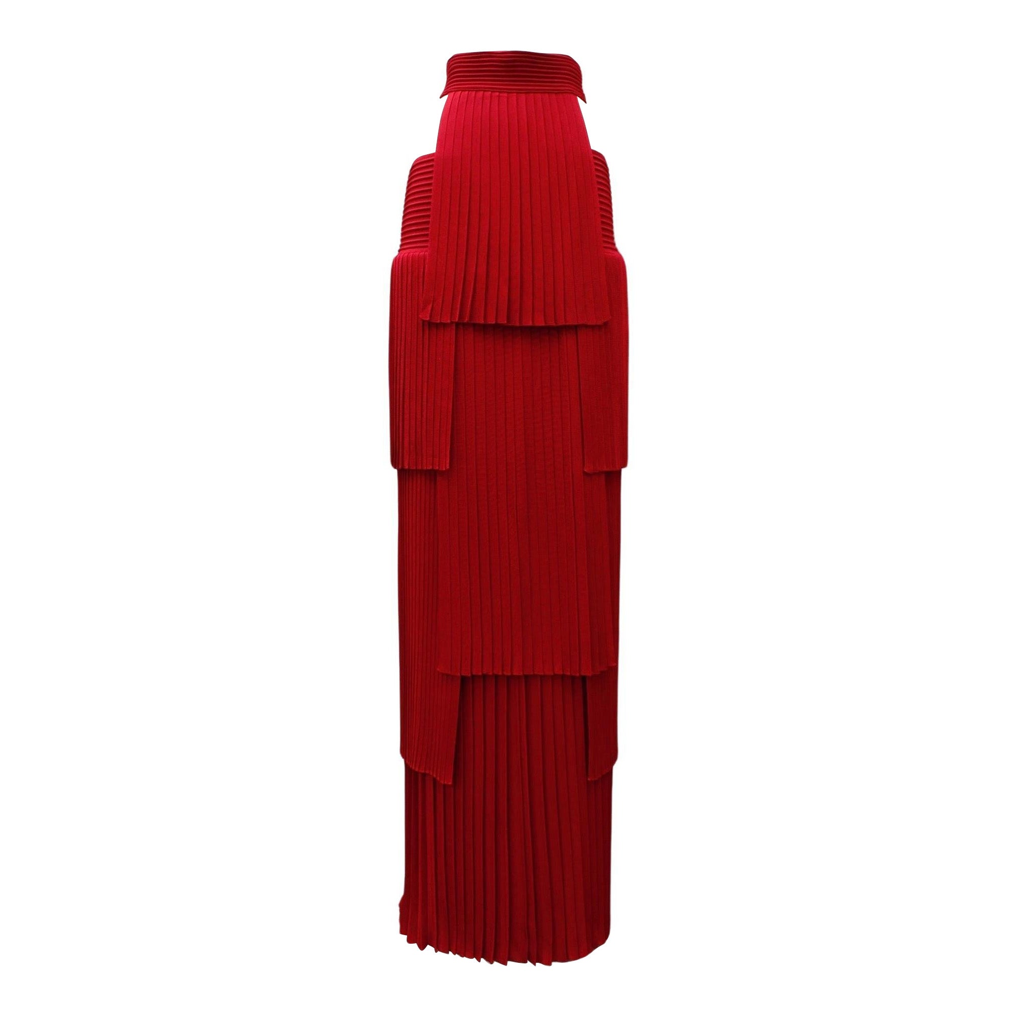 Balmain Red Pleated Skirt with Nude Mesh